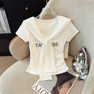 Áo thun ngắn tay cổ chữ V có khăn choàng, áo ngắn eo thon mùa hè cho trẻ em vừa và lớn