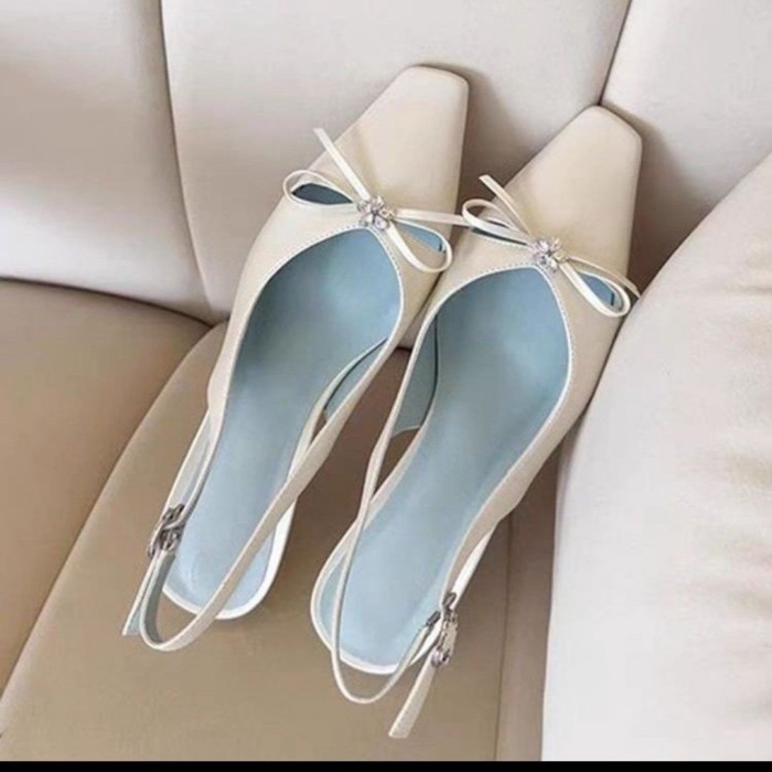 Giày cao gót nơ kiểu Pháp, khóa một dây, sandal mũi nhọn, gót dày mùa hè cho nữ, giày nữ vừa gót