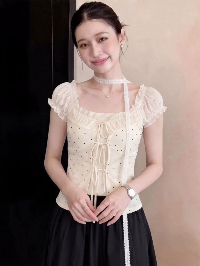 Korean Style Unique Lace Stitching Fake Two-piece Polka Dot Streamer One-shoulder Short-sleev