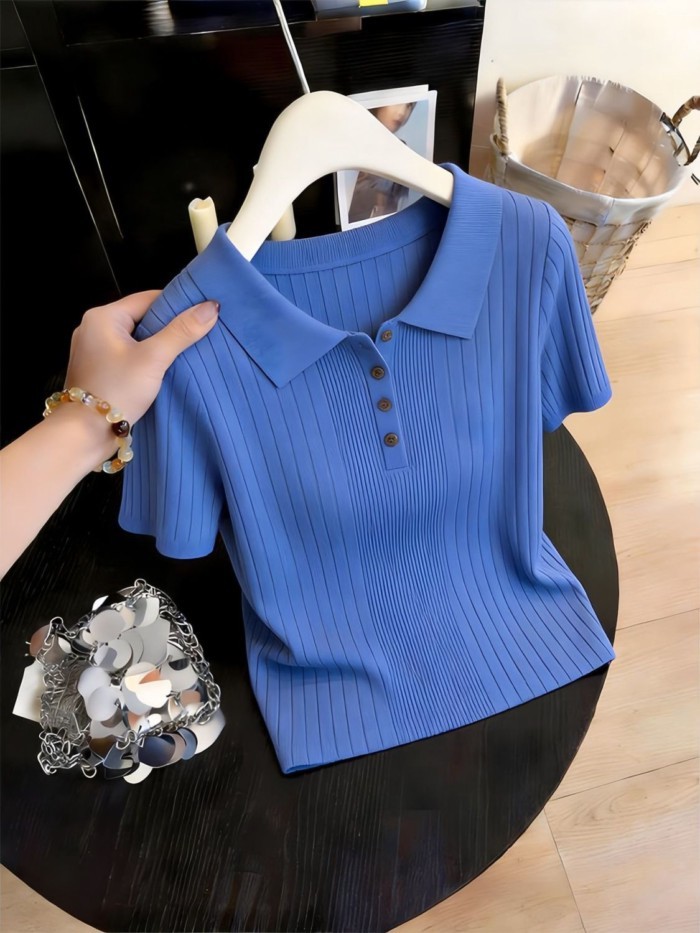 Áo len ngắn tay cổ polo màu xanh lam Áo thun giảm béo cho nữ