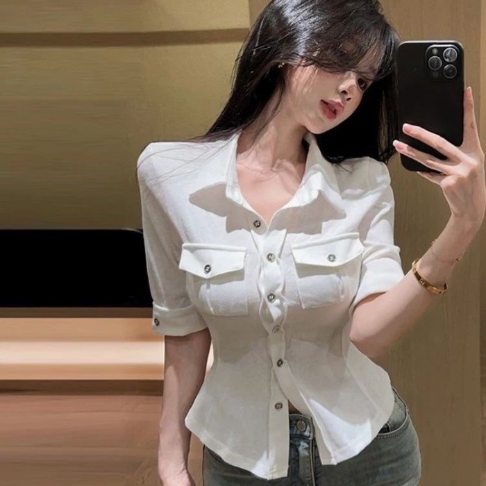 Áo sơ mi công sở đa năng cổ polo trắng, một hàng khuy, thời trang và dáng ôm, áo đơn giản để mặc bê