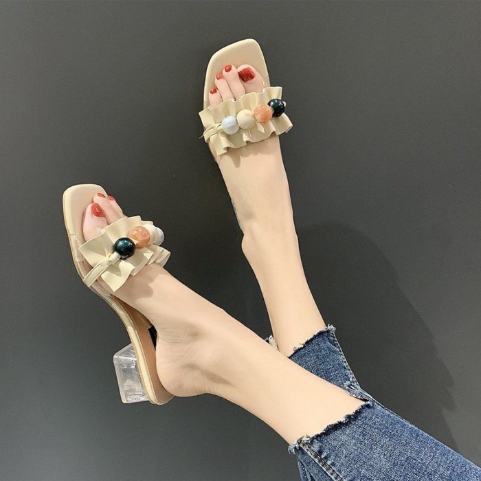 đôi sandal cao gót phong cách mùa hè mới mặc bên ngoài xếp li dép một chữ đính hạt pha lê gót cổ