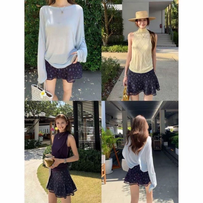 Chân váy ngắn họa tiết hoa Tencel vui tươi dành cho nữ Váy nửa dây phối ren