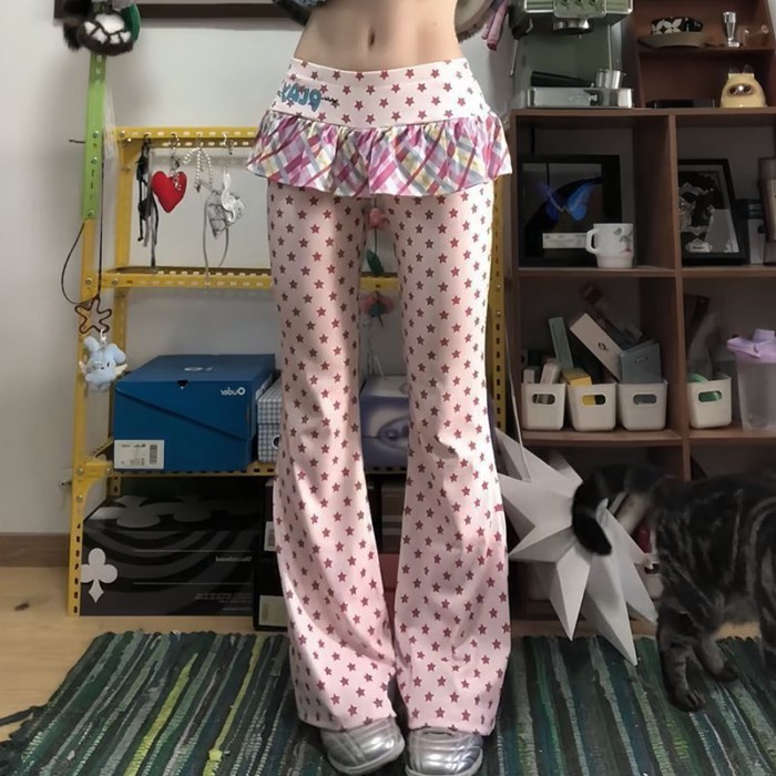 Phong cách đại học ngôi sao kẻ sọc mông rèm giả hai mảnh bootcut quần nữ mùa xuân hè mỏng hot