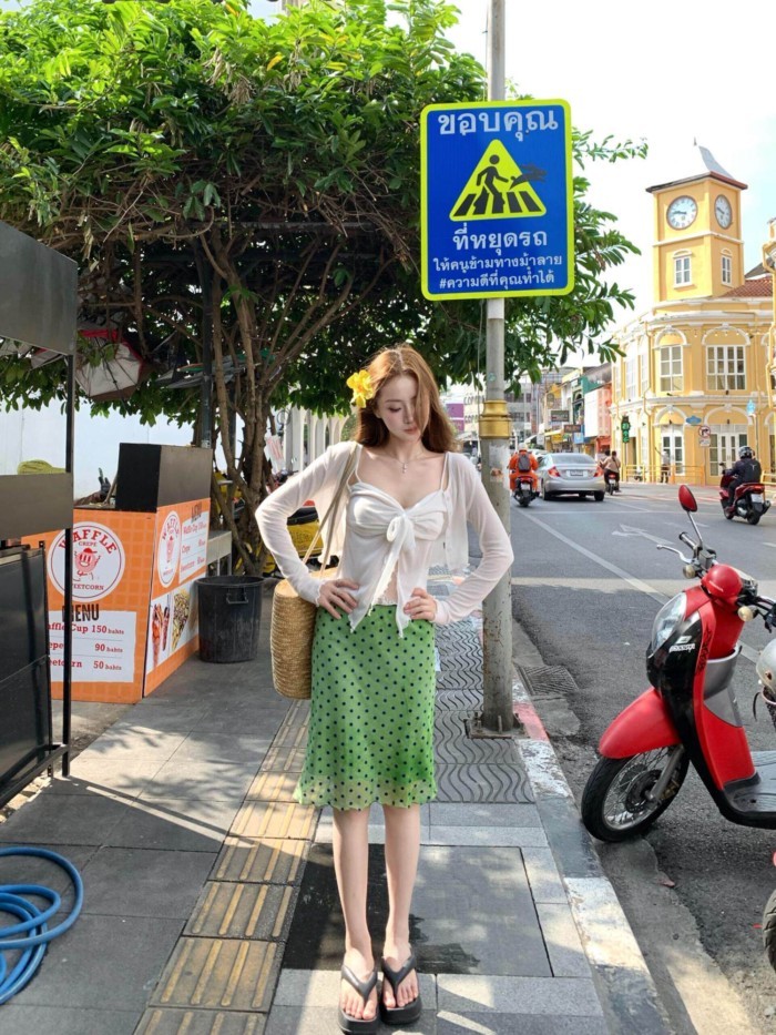 Lan ~ American Hot Girl Xanh Chấm Bi Váy Nữ Xuân Hè Phong Cách Mới Phù Hợp Với Tất Cả Trận Đấu Thường Ngày Chất Lượng Cao Chữ A Váy Giữa Viền