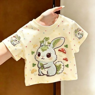 Mùa hè giả thêu hình chú thỏ dễ thương cổ tròn dáng rộng giản dị ngắn tay dành cho nam và nữ