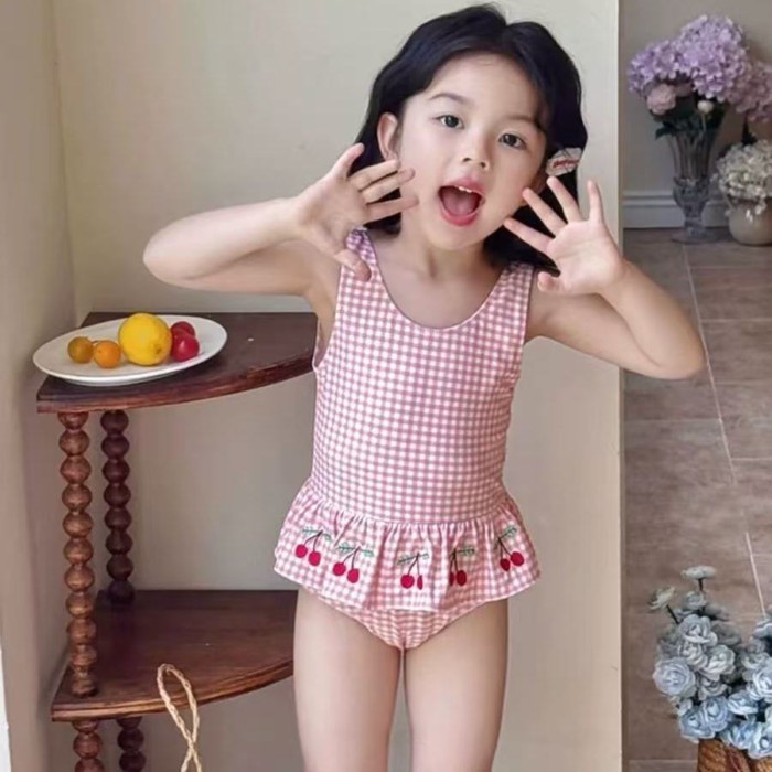 Đồ bơi bé gái Đồ bơi nhanh khô cho bé Gái Kẻ sọc Hồng Cherry Đồ bơi một mảnh