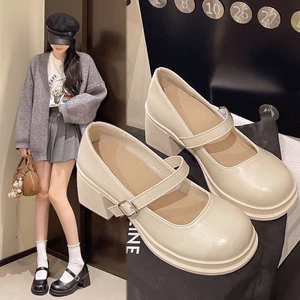 Giày cao gót nữ đế dày kiểu Pháp Mary Jane giày đế dày đơn màu đen một dây giày da nhỏ đa năng