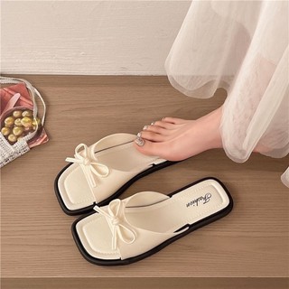 Sweet Cool Style Square-head Bow-knot Flip-flops For Women's Summer Outer Wear Soft-soled Non-
