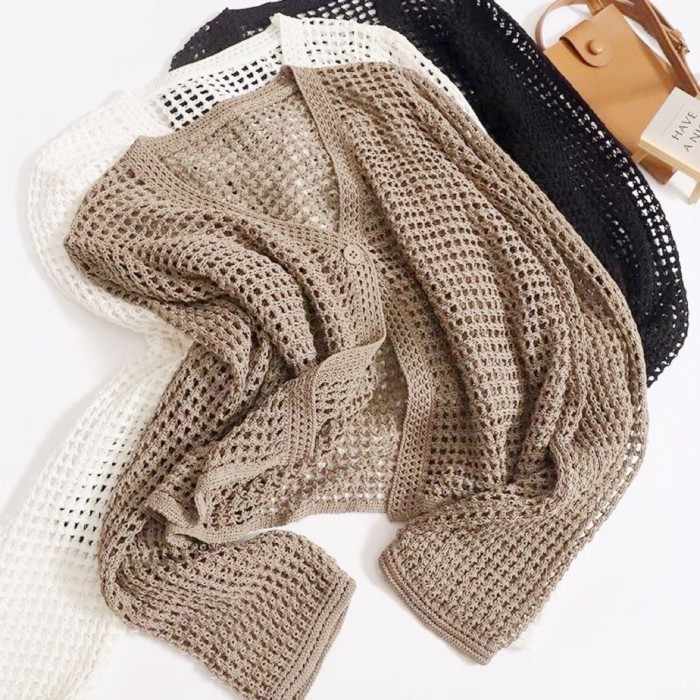 Mùa hè mới phong cách mới rỗng áo siêu trong suốt áo cardigan dệt kim ngắn áo sơ mi rộng rãi