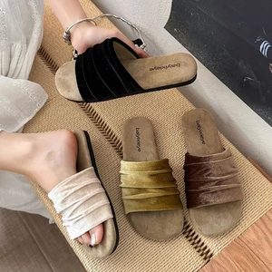 Giày sandal nhung xếp li nhẹ sang trọng kiểu Hàn Quốc dành cho nữ mùa hè đế phẳng giày lười phong c