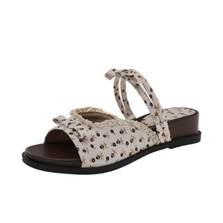 Sweet Style Floral Thick-soled Flip-flops For Women Summer New Outer Wear Bow-knot Open-toe D