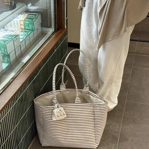 Cute Striped Canvas Bags New Lazy Style Korean Style Early Commuting Large Capacity Shoulder Tot