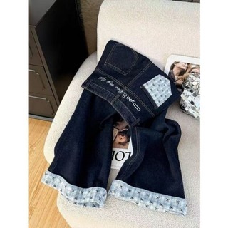 Thiết kế nơ cổ điển đa năng của Mỹ kẻ sọc nối denim quần ống rộng dài đến sàn dáng rộng