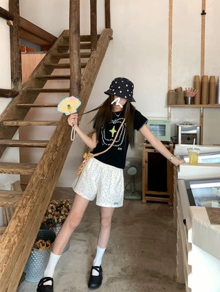 Japanese Cute Ins Star Wide Leg Shorts For Women Summer Loose Straight Pants High Waist Casua