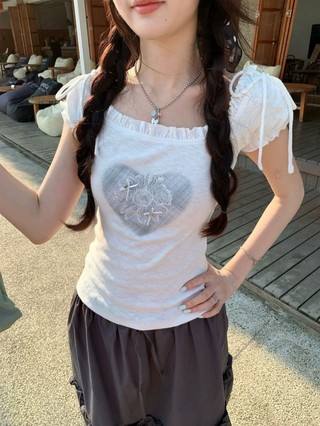 Korean Love Printed Bow Tie Short-sleeved T-shirt Slim Fit Summer Slim New Fashion Versatile
