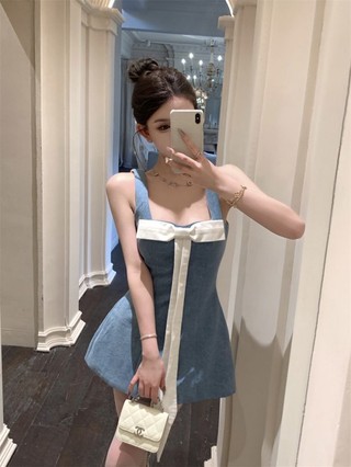 Contrast Color Bow Denim Suspender Dress Women's Summer Pure Lust Style Hot Girl Waist A-Line