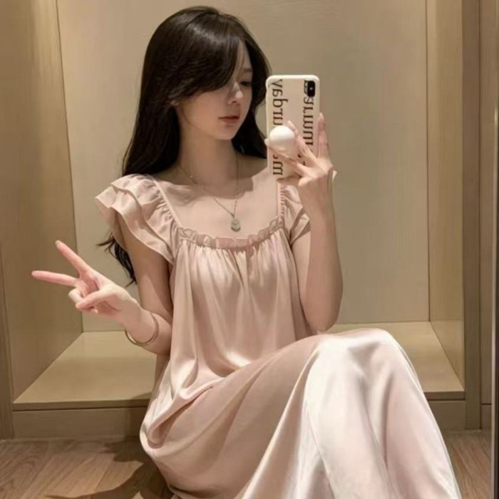 Bộ đồ ngủ bằng lụa băng nữ có đệm ngực, váy ngủ dài vừa phải, nhẹ nhàng, tinh tế, thời trang,