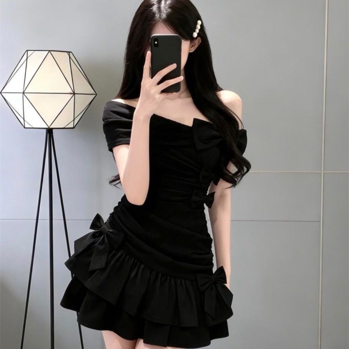 French Hepburn Style Black Bow Sloping Shoulder Slim Dress To Wear Dress Skirt For Women Summ