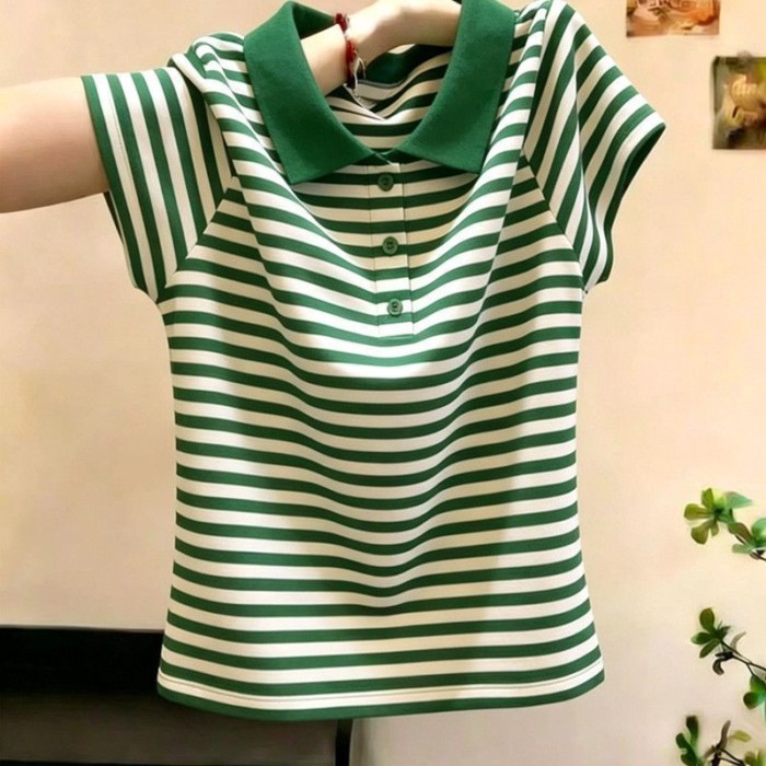 phiên bản Hàn Quốc áo thun sọc mỏng có ve áo màu tương phản mùa hè dành cho nữ kiểu dáng mới to