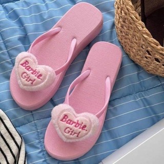 Korean Version Pink Embroidered Love Flip-flops Summer Seaside Beach Slippers Girls Soft-soled