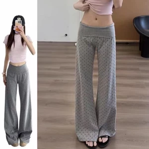 Quần ống loe chấm bi màu xám cho nữ mùa hè mới Quần tây cạp thấp kiểu Hàn Quốc mỏng và đa năng