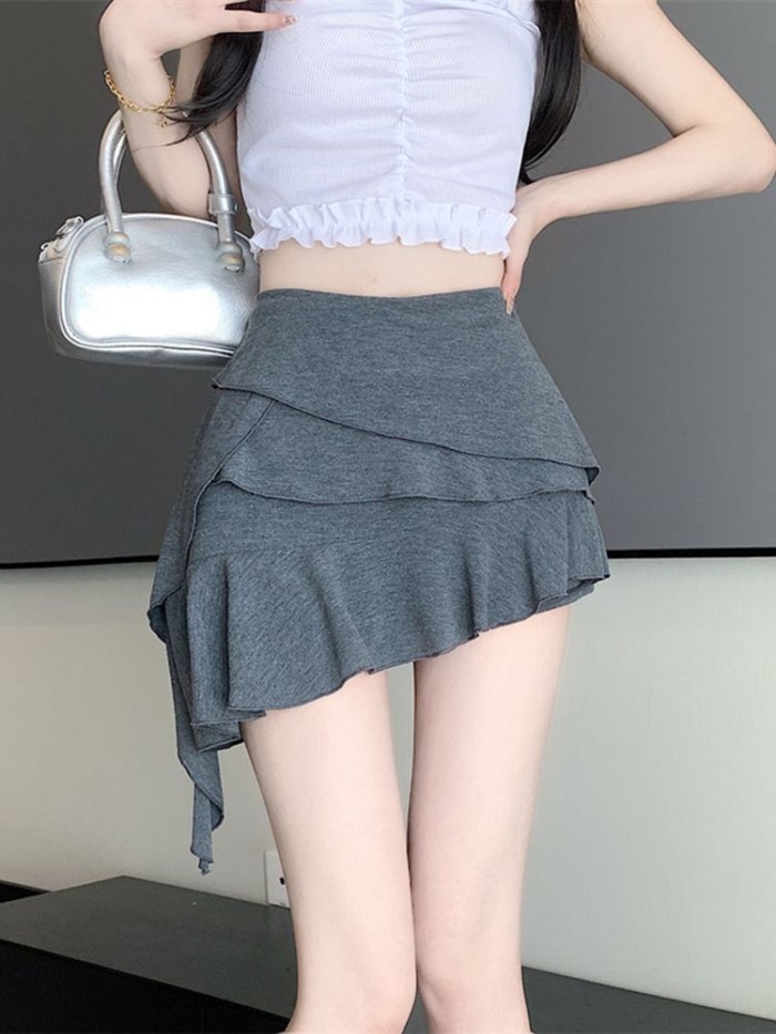 Gray Trendy Ruffled Skirt Women's Summer New High-waisted Slimming Irregular A-Line Short Ski