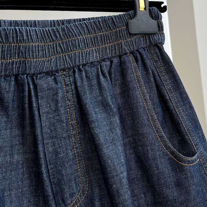 Lưng thun giản dị quần short denim nữ mùa hè mỏng dáng rộng lưng cao chữ A quần ống rộng hot