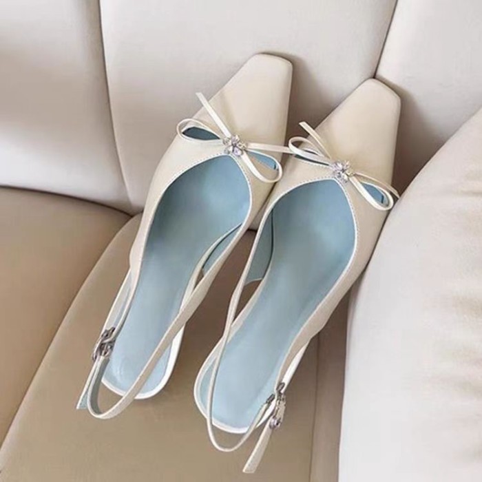 Giày cao gót nơ kiểu Pháp, khóa một dây, sandal mũi nhọn, gót dày mùa hè cho nữ, giày nữ vừa gót