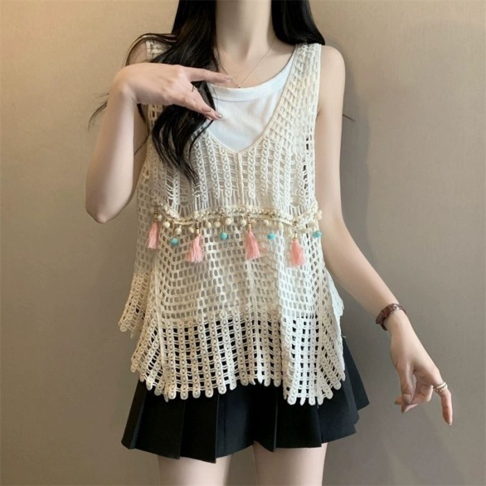 Dây treo rỗng, áo tua rua dáng rộng, áo vest, áo móc hoa xếp chồng phong cách dân tộc cổ điển