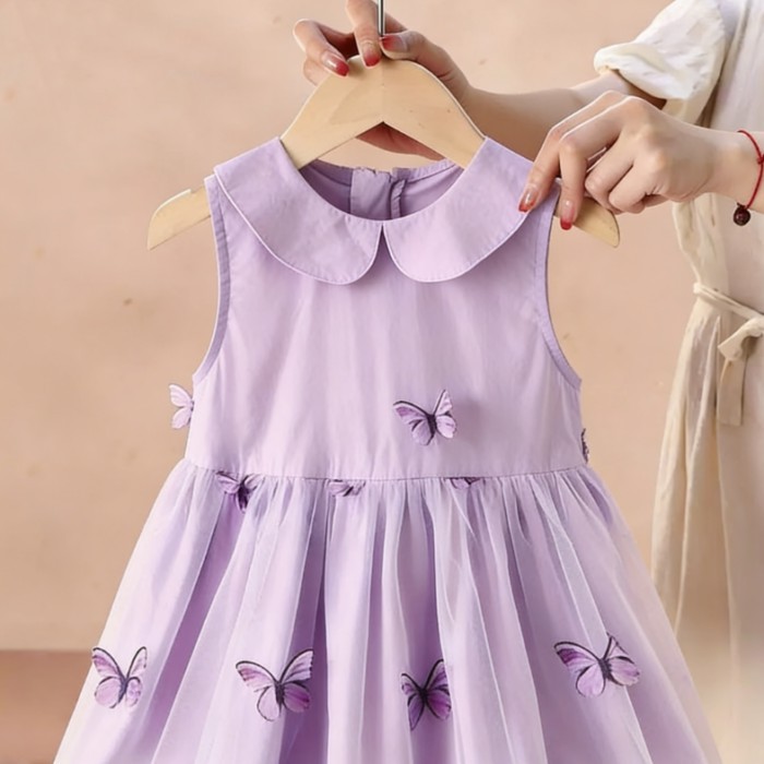 Bé Gái Đầm Bướm Mùa Hè Phong Cách Mới Trẻ Em Phong Cách Lưới Đầm Công Chúa Bé Búp Bê Cổ Áo Ve