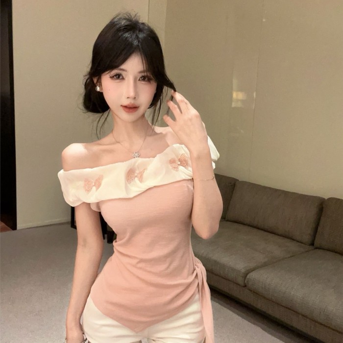 Dopamine Irregular Off-shoulder Short-sleeved T-shirt Summer New Girly Sweet Age-reducing One-