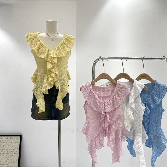 Áo len mỏng không tay không đều diềm xếp nếp mùa hè màu hồng mới áo vest cô gái ngọt ngào kiể