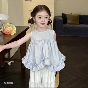Bé Gái Mùa Hè Phong Cách Mới Không Đều Búp Bê Lá Sen Không Tay Bộ Hai Món Hoàn Chỉnh