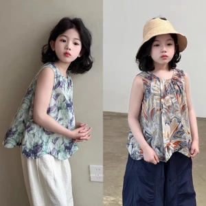 Bé Gái Áo Thun Không Tay Mùa Hè Mới Áo Sơ Mi Babydoll Trẻ Em Họa Tiết Hoa Hàng Đầu Phong Cách Hà
