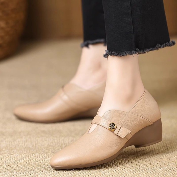 Giày Mary Jane Nữ Mũi Nhọn Mềm Mại Thoải Mái Đế Nêm Giày Đơn Gót Trung Bình Nhỏ Giày Da Giày Slip-o