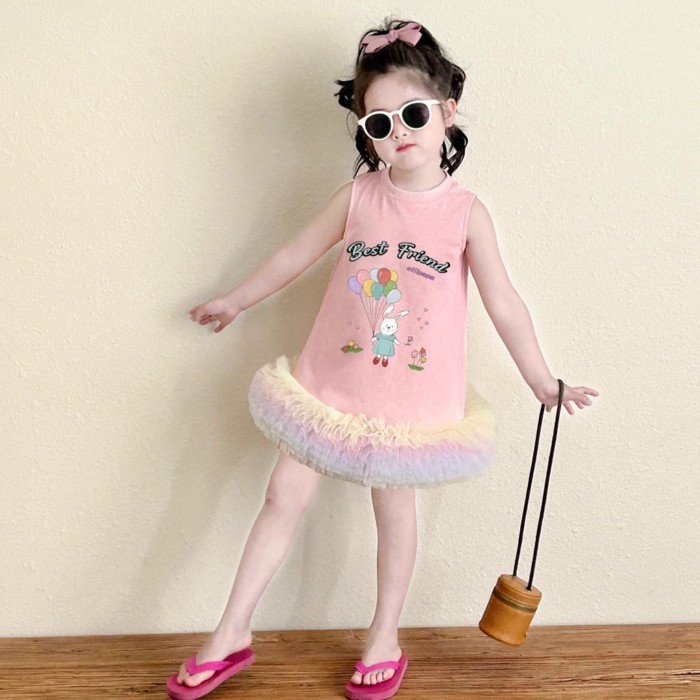 Korean Style Girl Colorful Yarn Splicing Princess Dress Summer Sweet And Fashionable Baby Gir