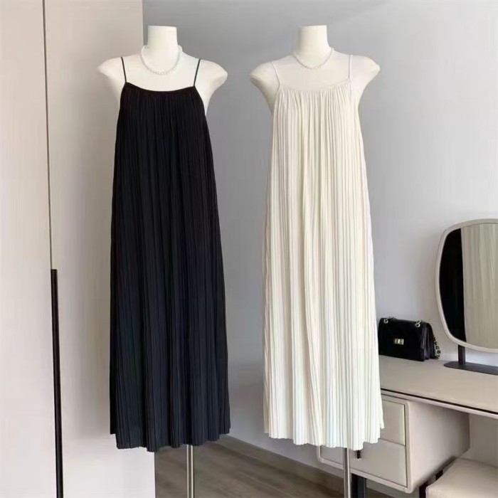 Người Đan mặc đi biển mùa hè váy ngủ có dây xếp li sáng màu váy ngủ dài dành cho nữ mùa hè