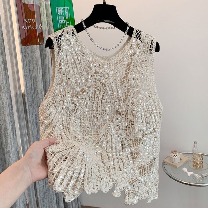sequin crochet rỗng dệt kim yếm trong mặc ngoài của phụ nữ mùa hè mới vest áo không tay