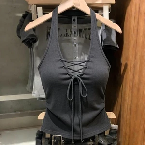 Áo vest nữ dây chéo cổ thiết kế, áo cộc tay ngắn ôm dáng