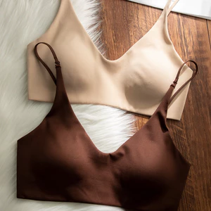 Tối giản Solid Deep V Halter Bralette Liền mạch mỏng Dây đeo có thể điều chỉnh Đồ lót không dây