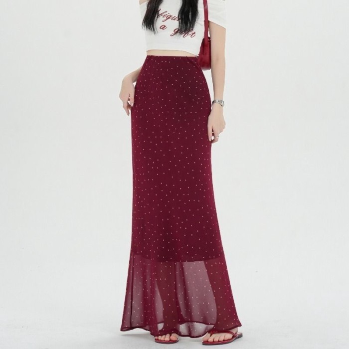 Lan ~ Pháp Chấm Bi Váy Voan Nữ Mùa Hè Phong Cách Mới Nhẹ Nhàng Phong Cách Phù Hợp Với Tất Cả Trận Đấu Mỏng Hơn Nhìn Burgundy Đuôi Cá Váy Dài