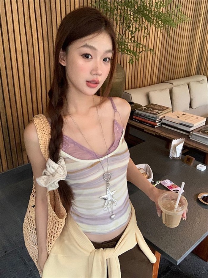 Design Niche New Camisole Women's Summer Outer Wear Backless Hot Girl Lace Striped Sleeveless