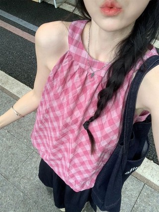 Pink Plaid Sleeveless Camisole Women's Summer Sweet Loose Outer Wear Design Chic Slimming Bud
