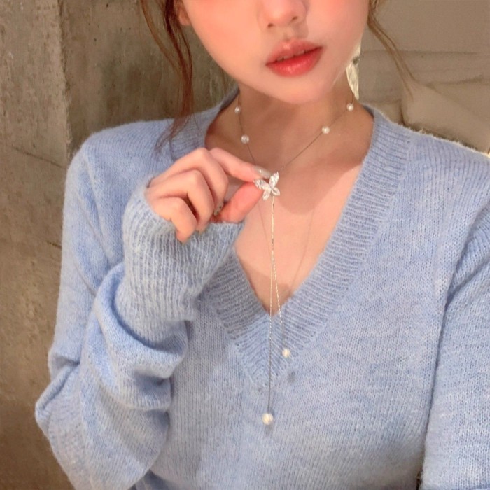 Lan ~ Phiên Bản Hàn Quốc Nhấp Nháy Kim Cương Bướm Ngọc Trai Mặt Dây Chuyền Vòng Cổ Nữ Ánh Sáng Sang Trọng Cao Cấp Xương Đòn Dây Chuyền Sang Trọng Phụ Kiện