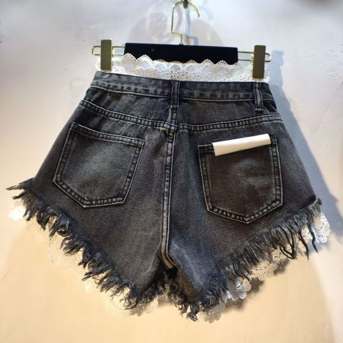 Quần Áo Mùa Hè Châu Âu Phong Cách Mới Ghép Ren Cao Cấp Ôm Nguyên Edge Quần Short Denim Nóng Quần