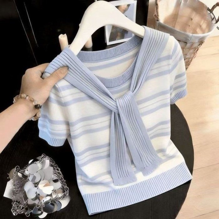 Áo len dệt kim ngắn tay sọc Slim nữ tươi mới đi làm Áo thun thời trang đa năng hàng đầu
