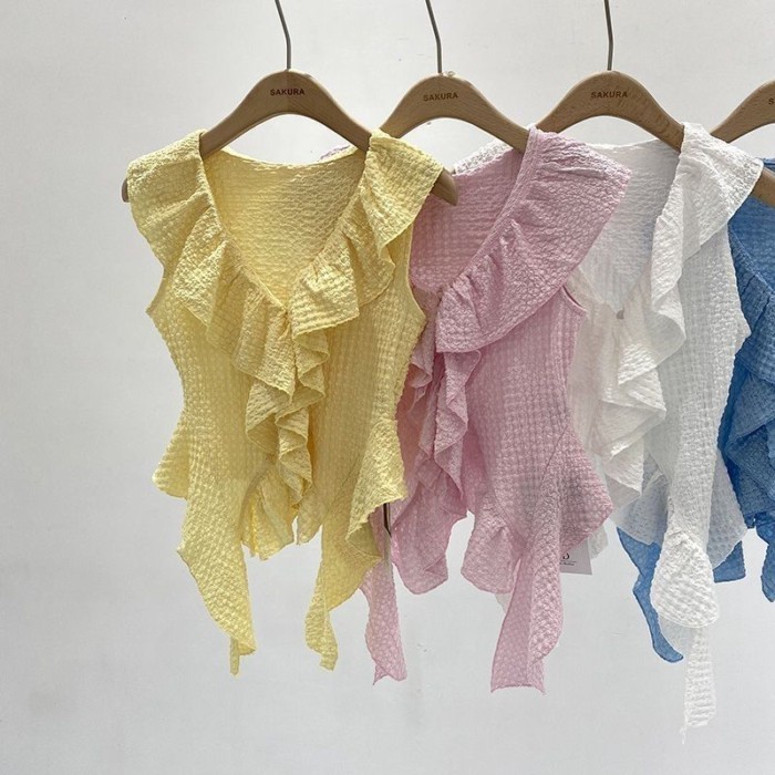 Áo len mỏng không tay không đều diềm xếp nếp mùa hè màu hồng mới áo vest cô gái ngọt ngào kiể