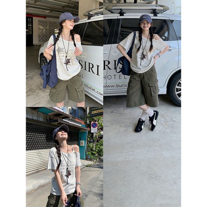Striped Slanted Shoulder Short-sleeved T-shirt For Women Summer New Design Niche Loose Lazy S