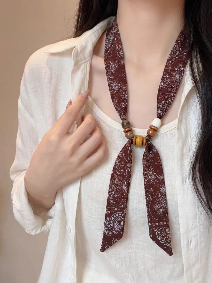 khăn lụa cổ điển phong cách retro thời trang cho nữ, áo sơ mi hoa điều kèm khăn, vòng cổ đính cườ